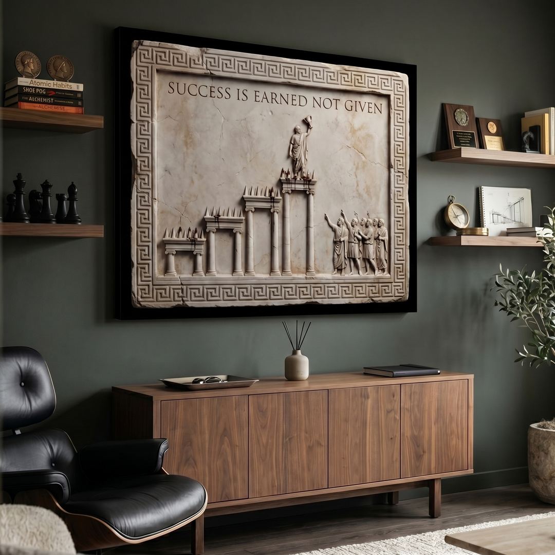 Success Is Earned Not Given marble canvas above a walnut credenza in a dark green study