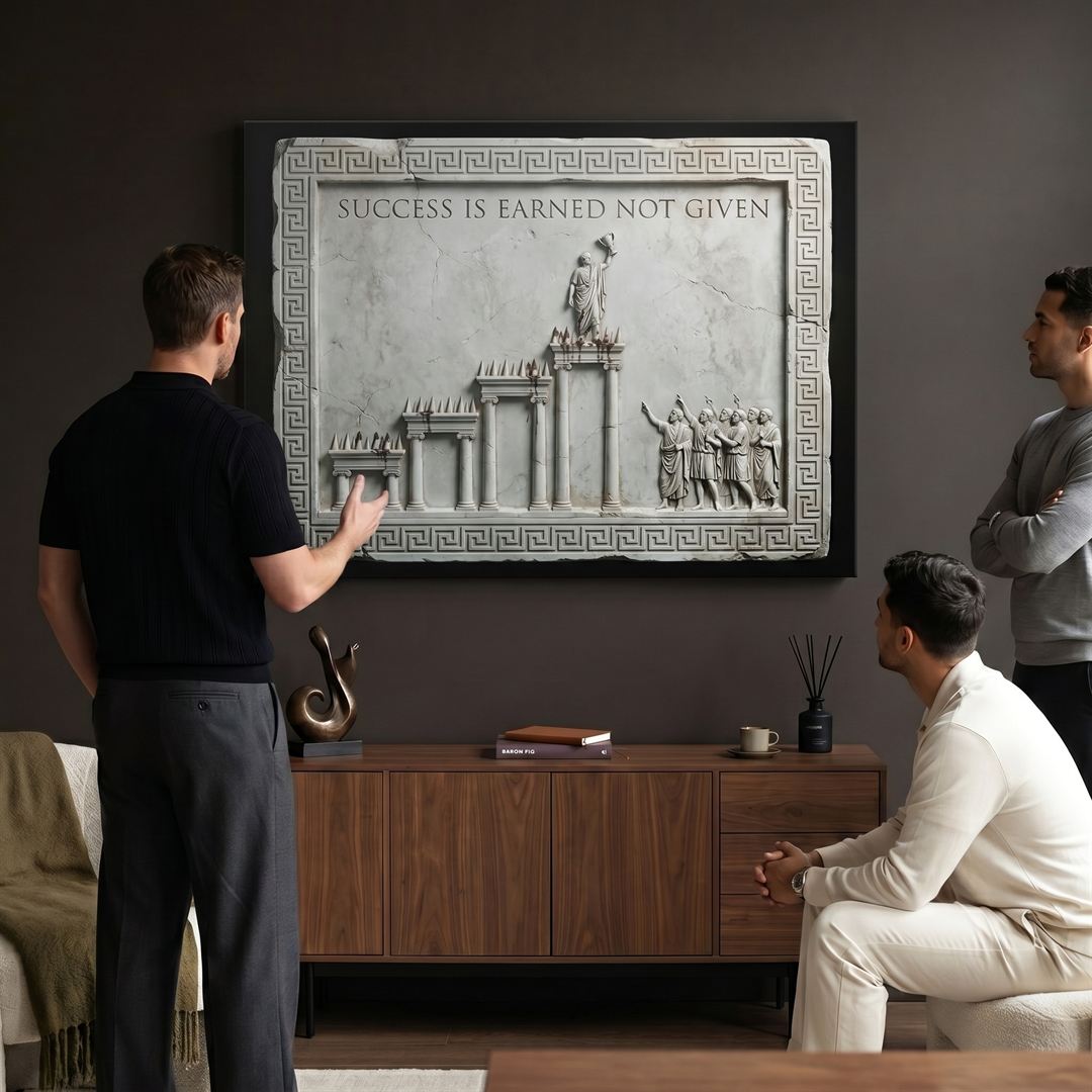 Three men admiring the Success Is Earned Not Given marble canvas in a modern office lounge