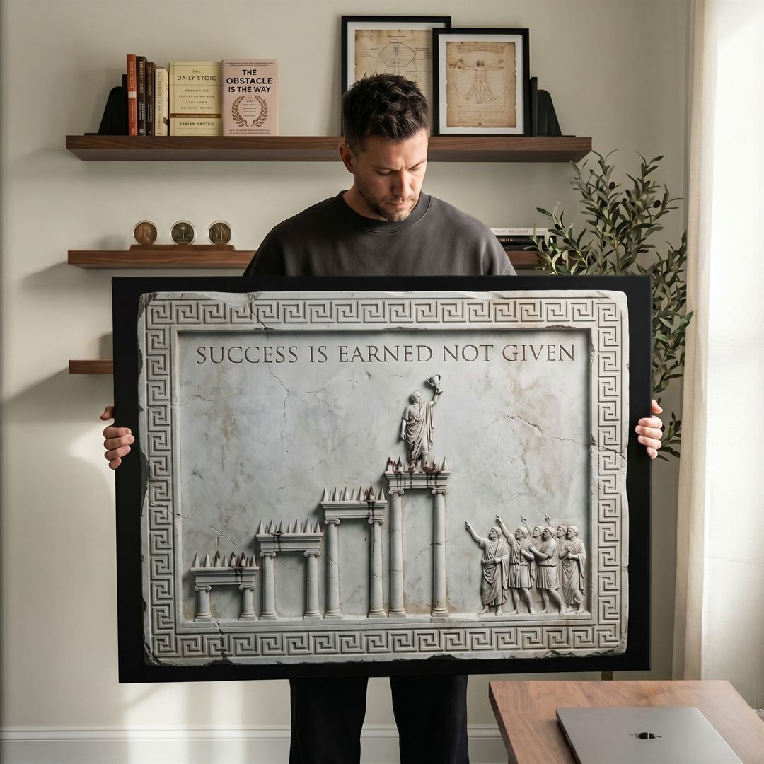 Man holding the Success Is Earned Not Given marble canvas in a Stoic home office