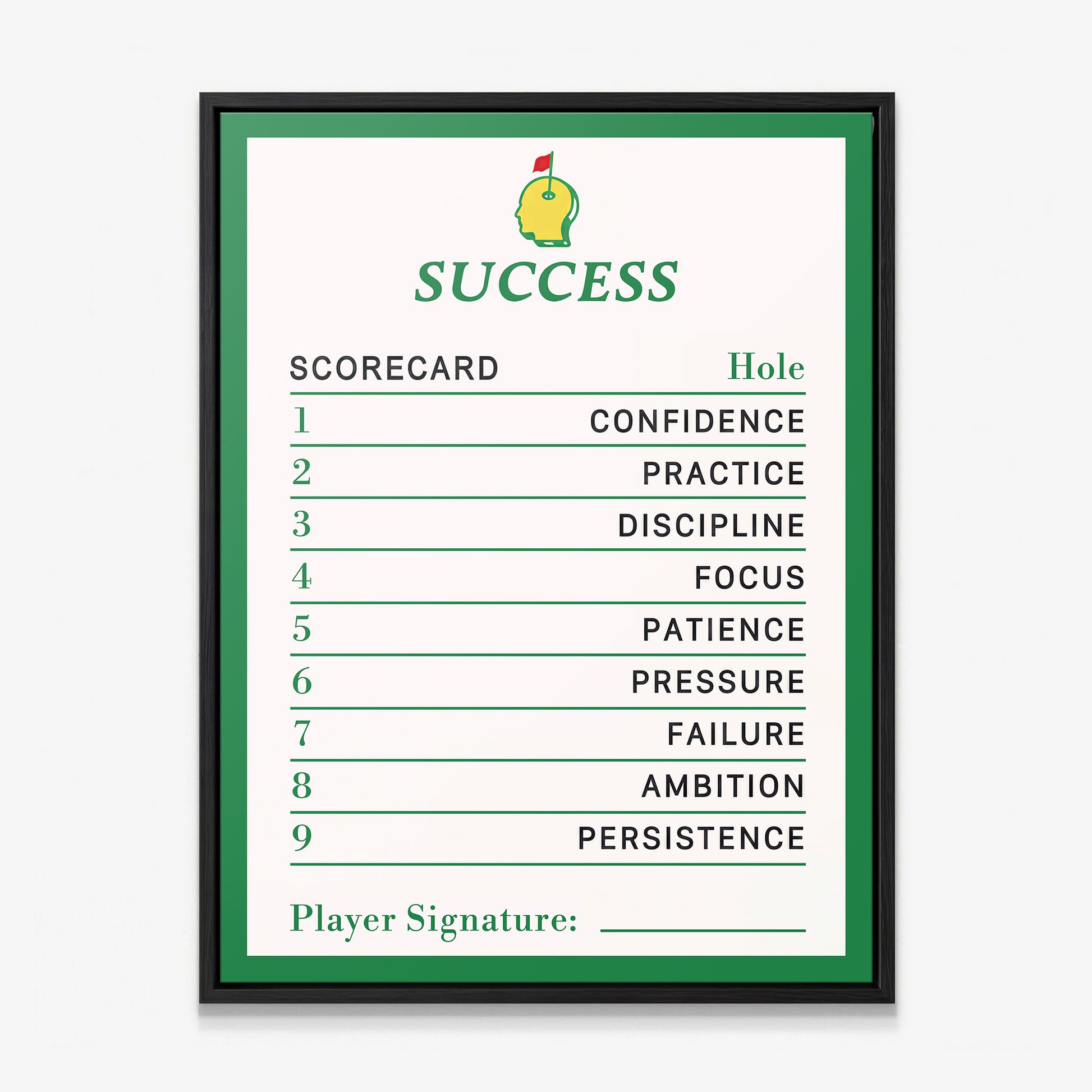 Success Scorecard golf canvas in a black floating frame