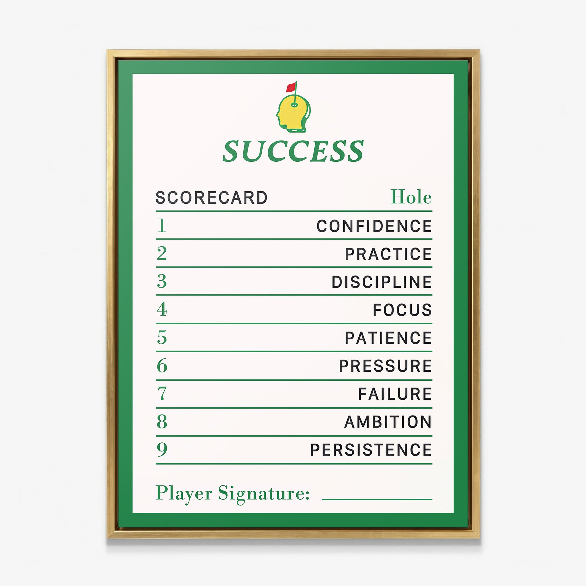 Success Scorecard golf canvas in a gold floating frame