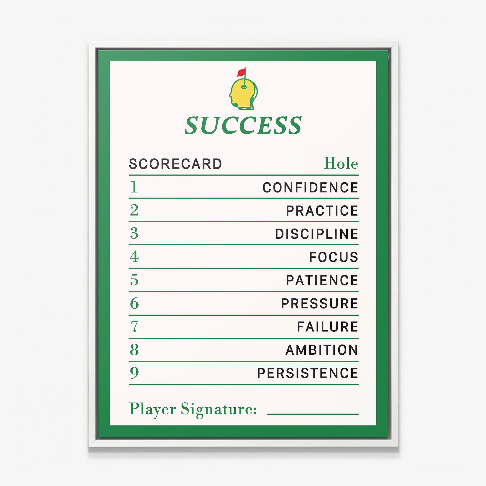 Success Scorecard golf canvas in a white floating frame