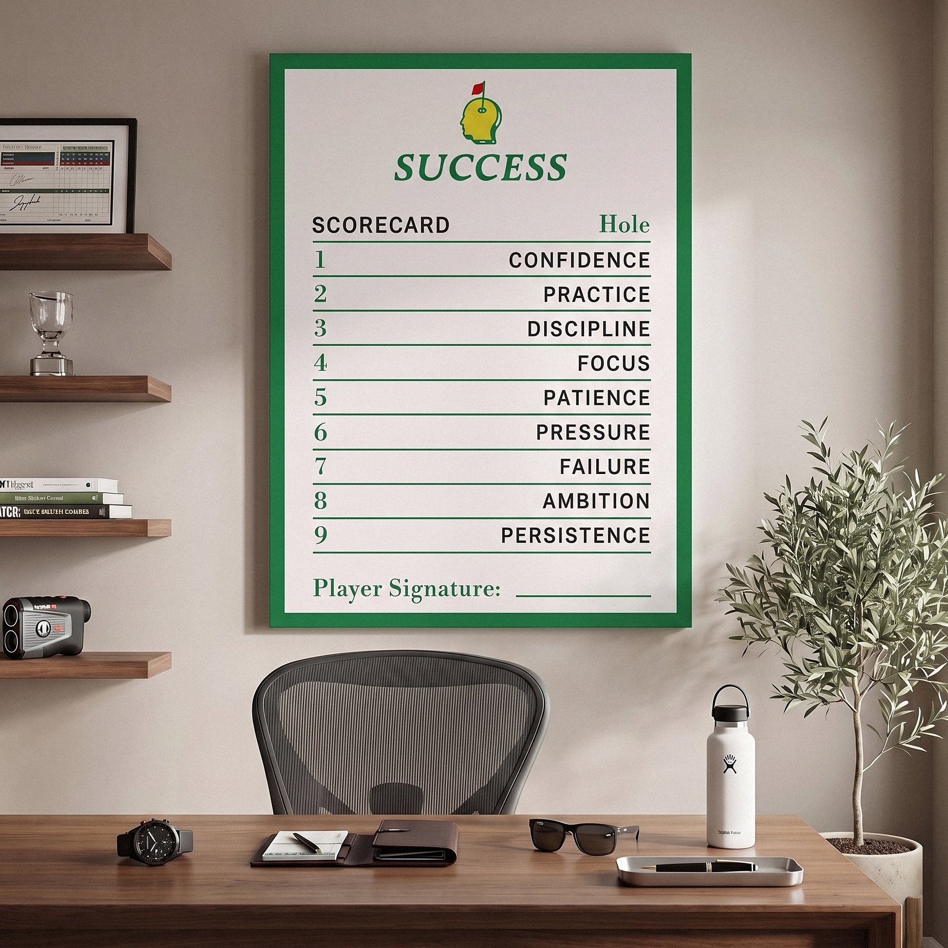 Success Scorecard golf wall art canvas in a modern study