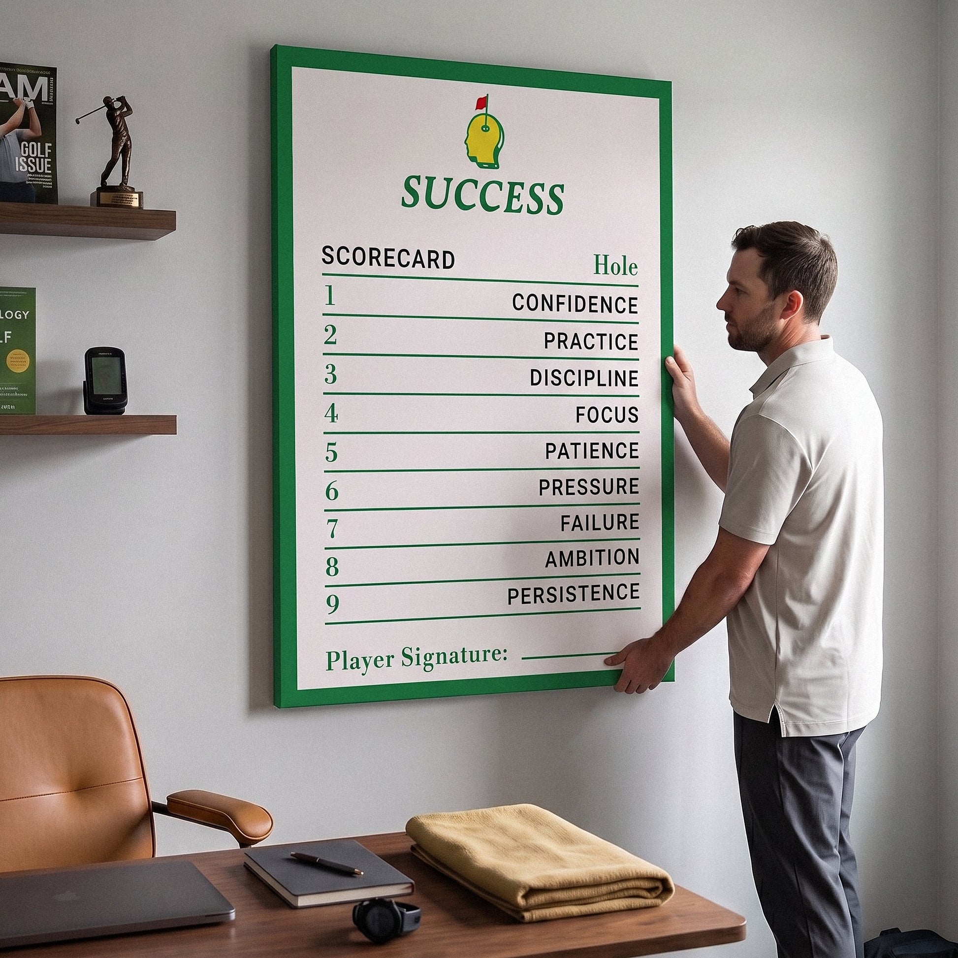Success Scorecard golf wall art canvas held by a man