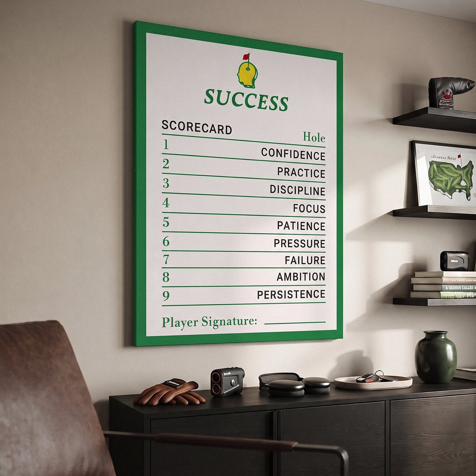 Success Scorecard golf wall art canvas at an angle on a wall