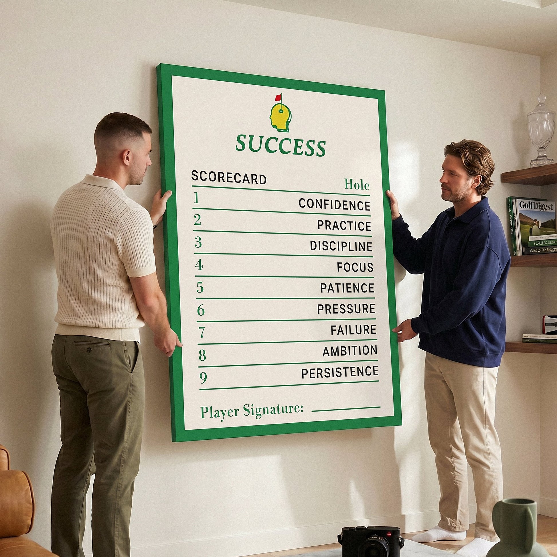 Success Scorecard golf wall art canvas viewed by a couple