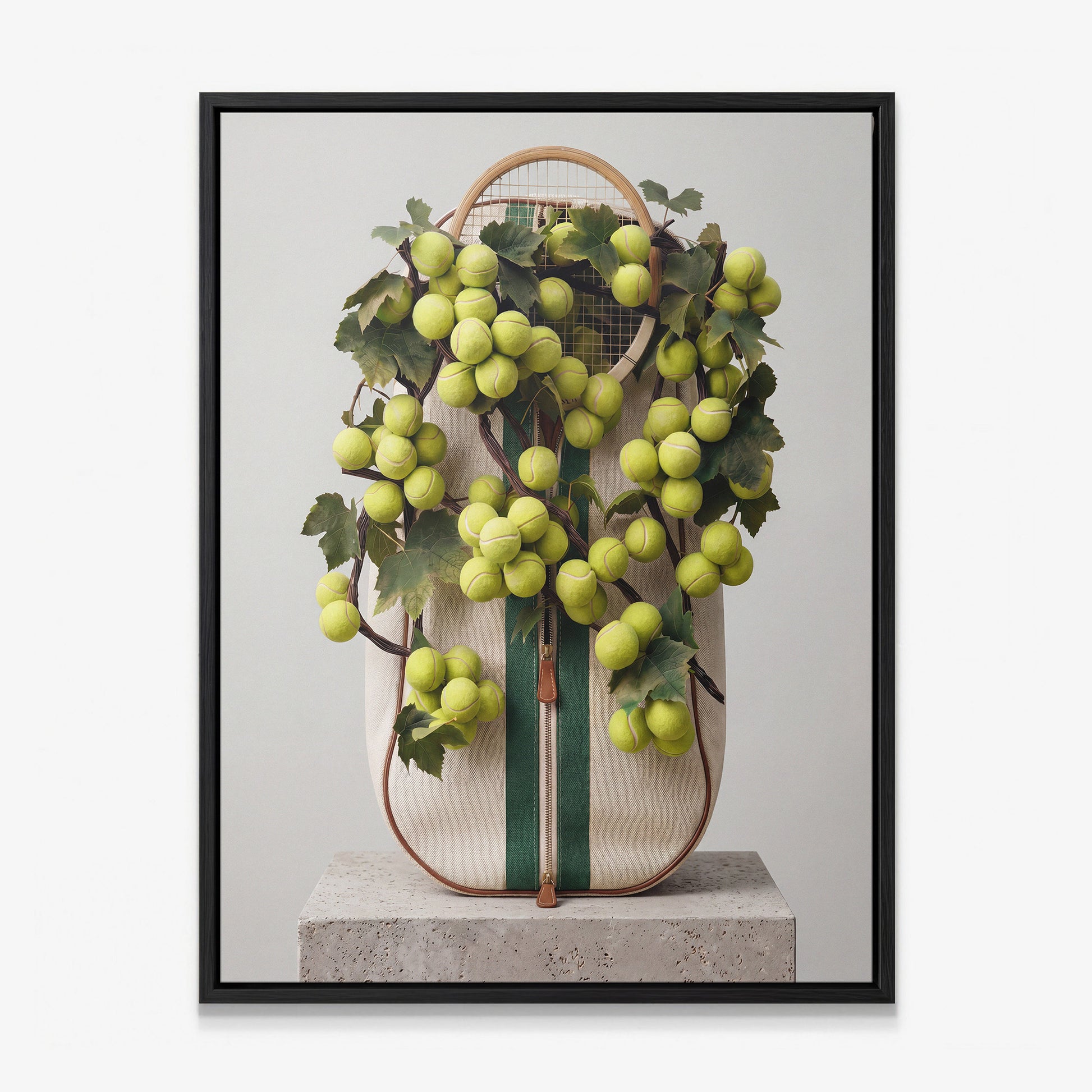 Tennis bag canvas print in a black floating frame