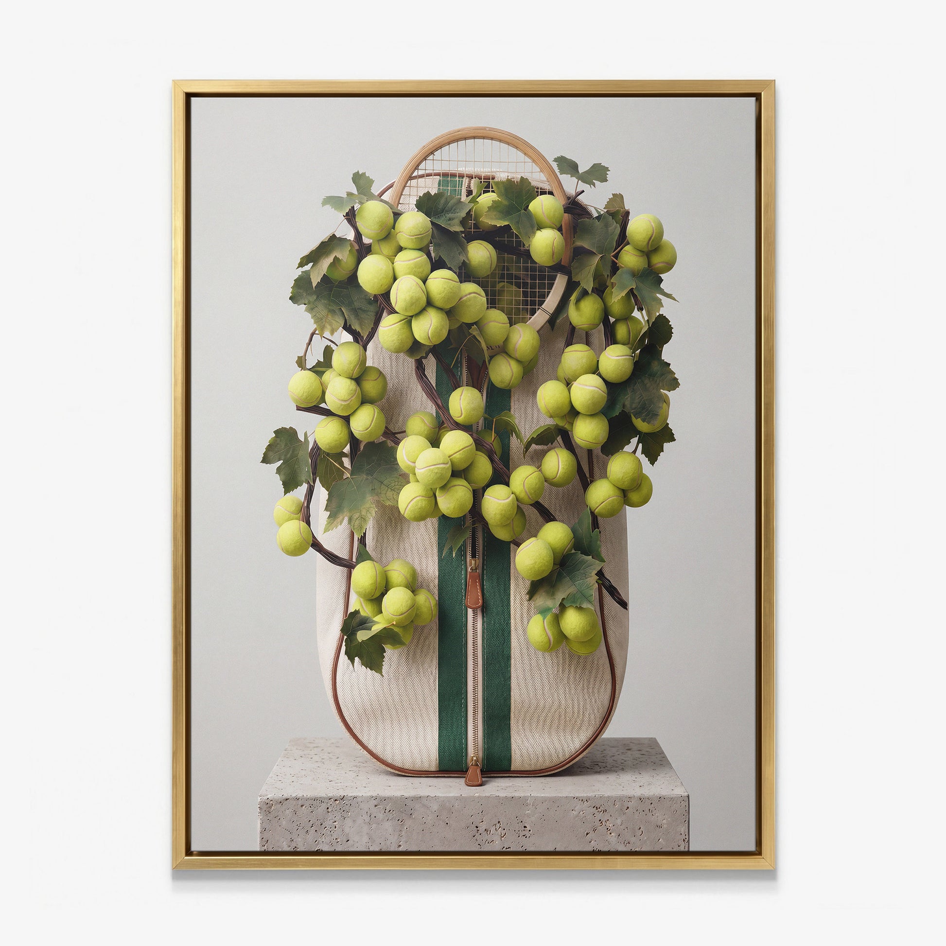 Tennis bag canvas print in a gold floating frame