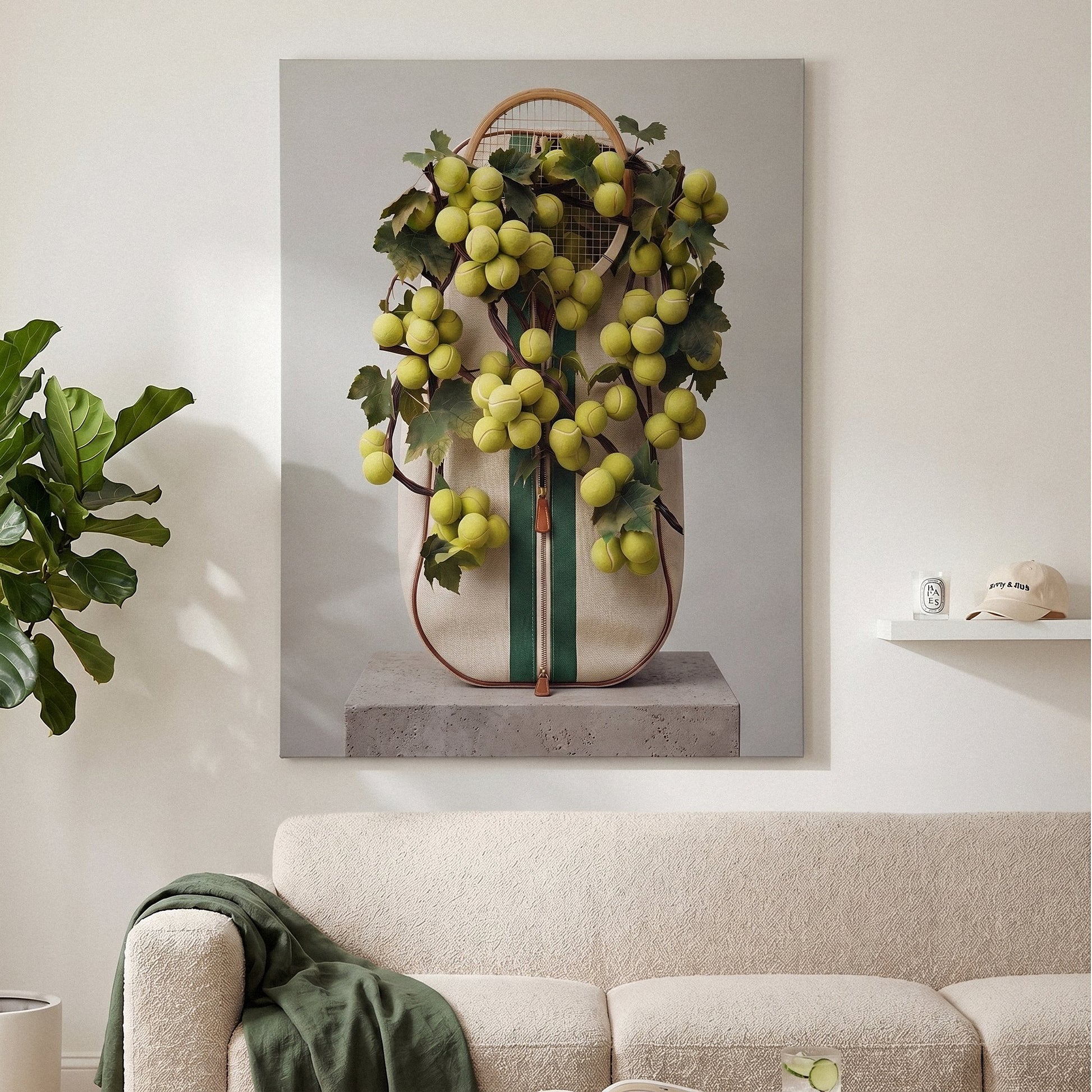 Tennis bag wall art canvas hanging above a console table in a bright modern hallway