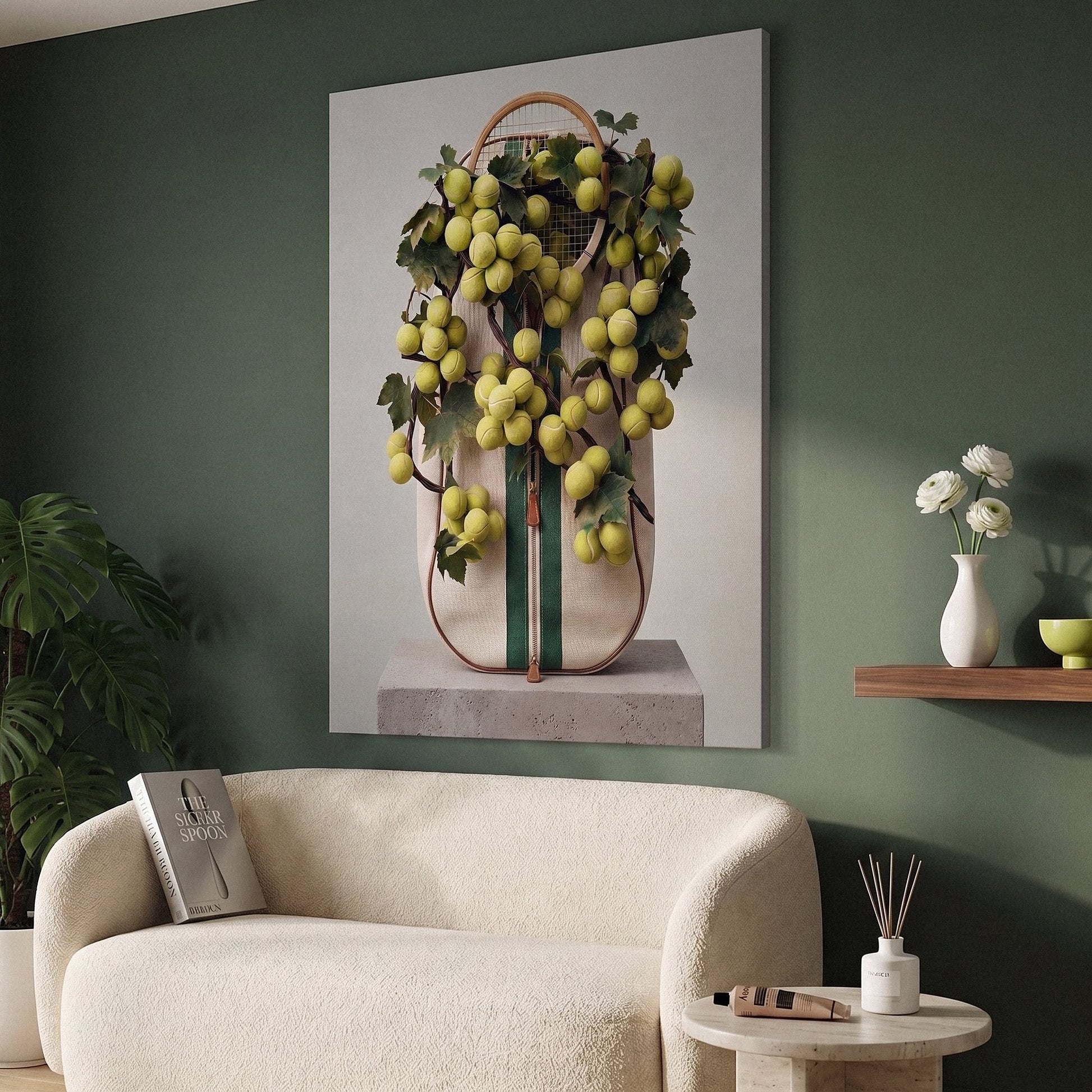Tennis bag canvas print on a living room wall at a gentle angle showing the gallery-wrapped edge