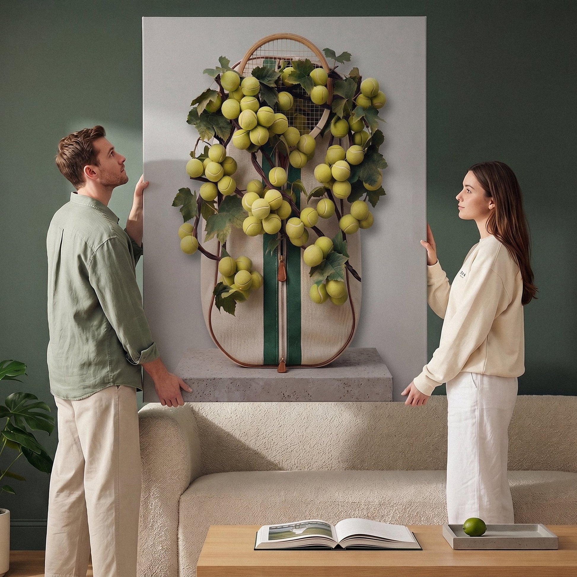 Two people viewing the tennis bag canvas print together in a home setting