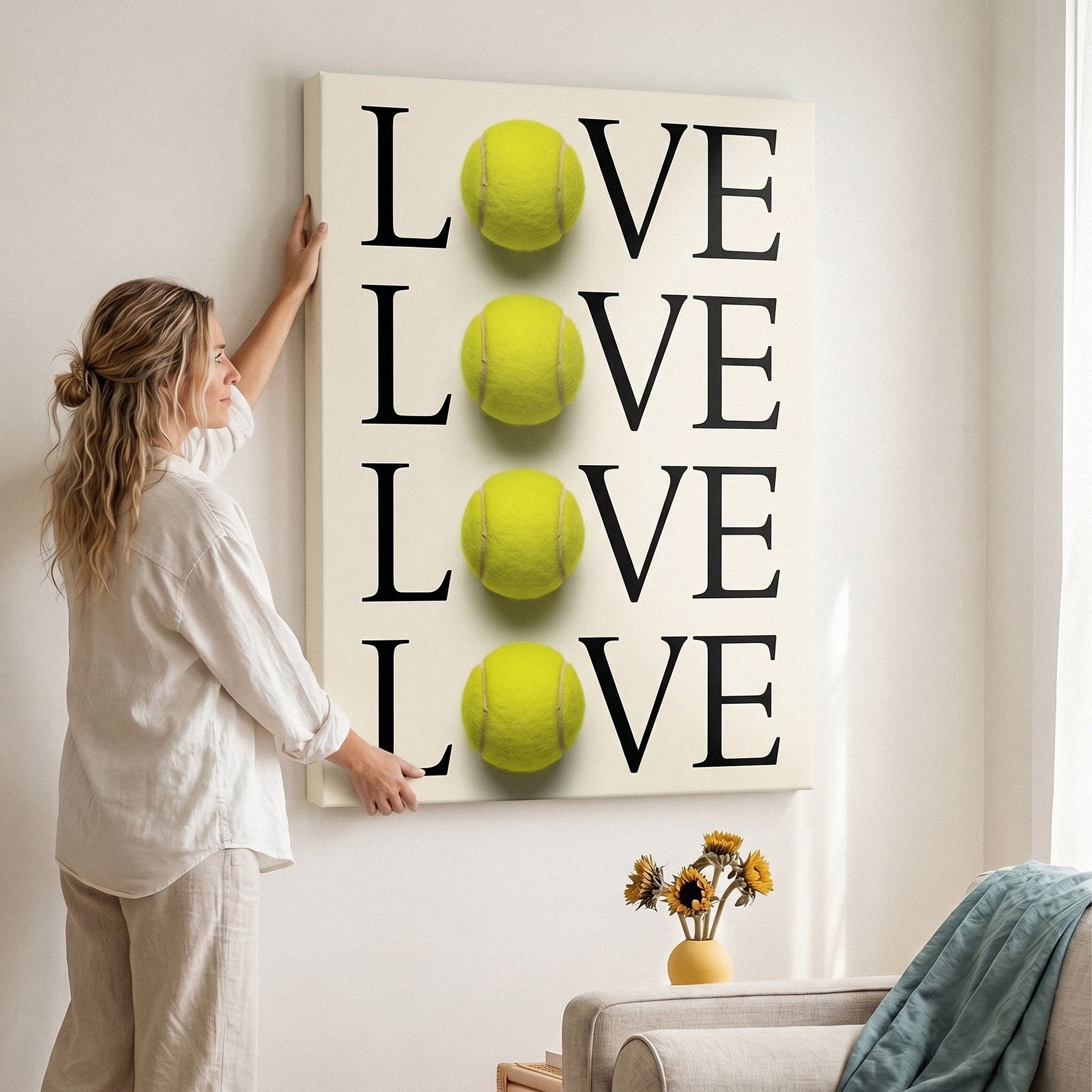 Person holding the Tennis Love LOVE typography canvas print against a wall
