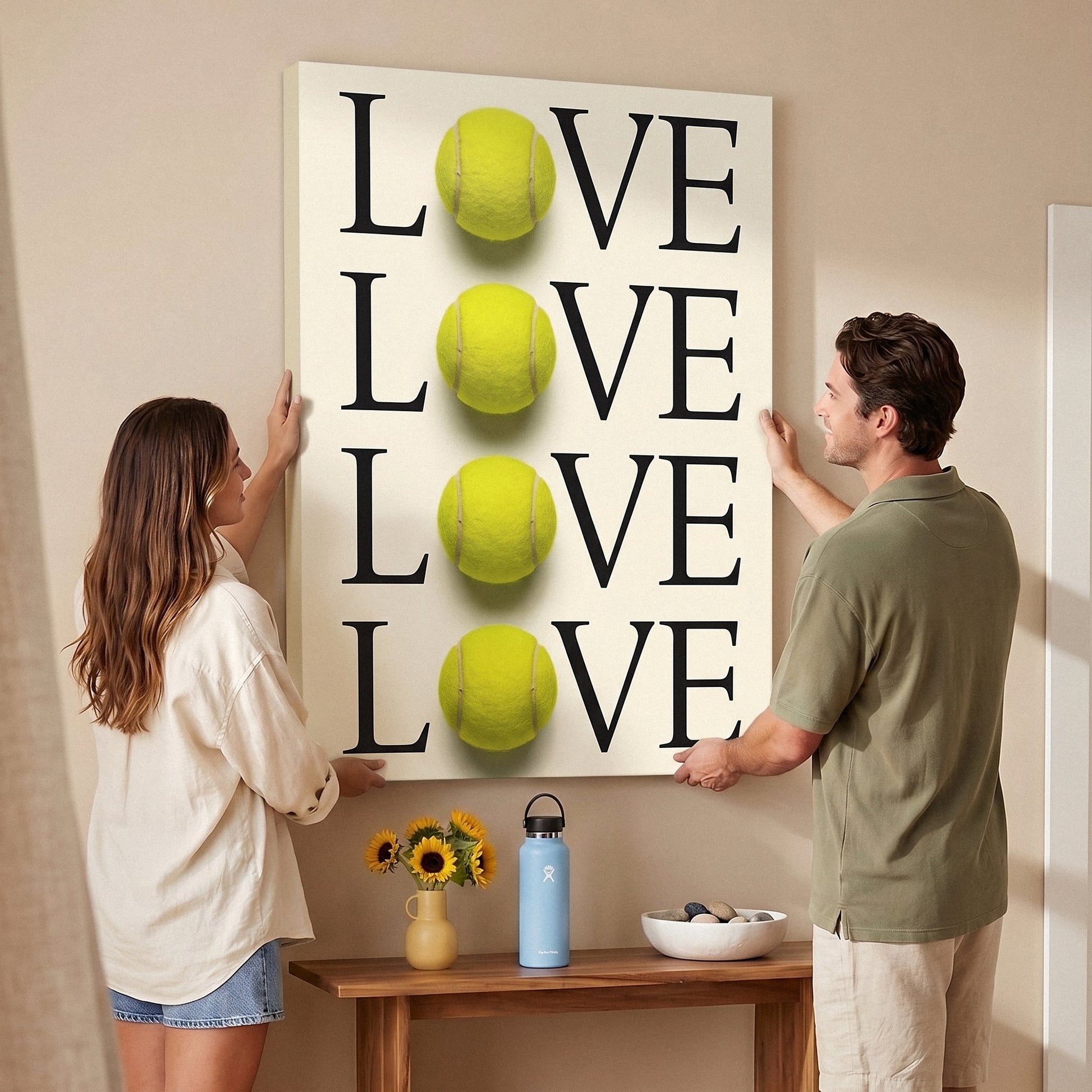 Two people holding the Tennis Love canvas print in a living room