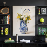 Tennis Vase canvas between shelves of tennis books, trophies and a wooden racket in a charcoal living room