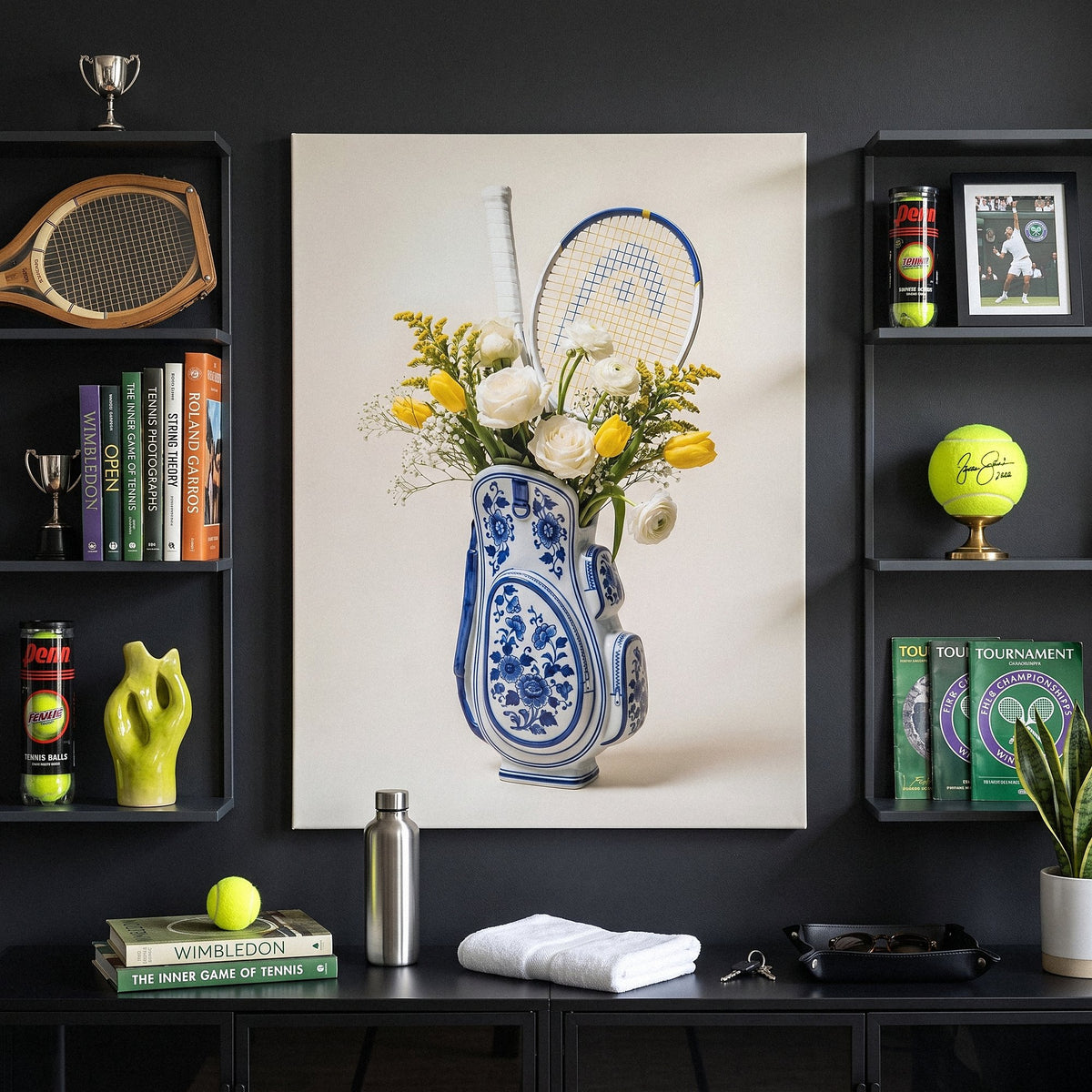 Tennis Vase canvas between shelves of tennis books, trophies and a wooden racket in a charcoal living room