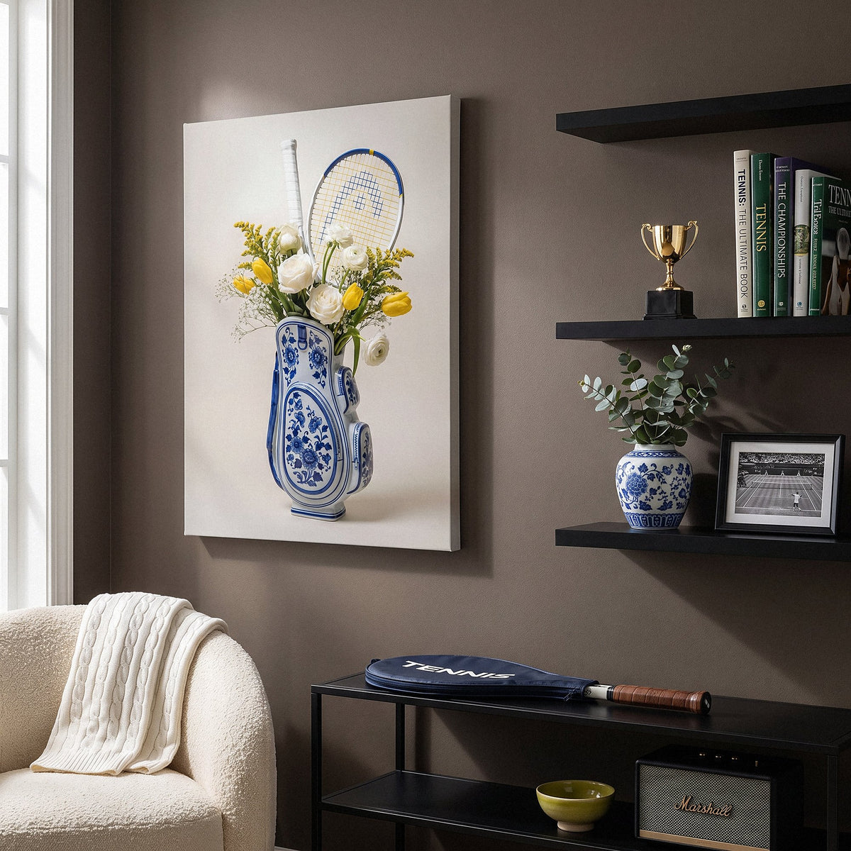 Tennis Vase canvas above a console in a taupe reading corner with a tennis racket and trophy