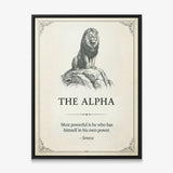 The Alpha lion quote canvas in a black floating frame