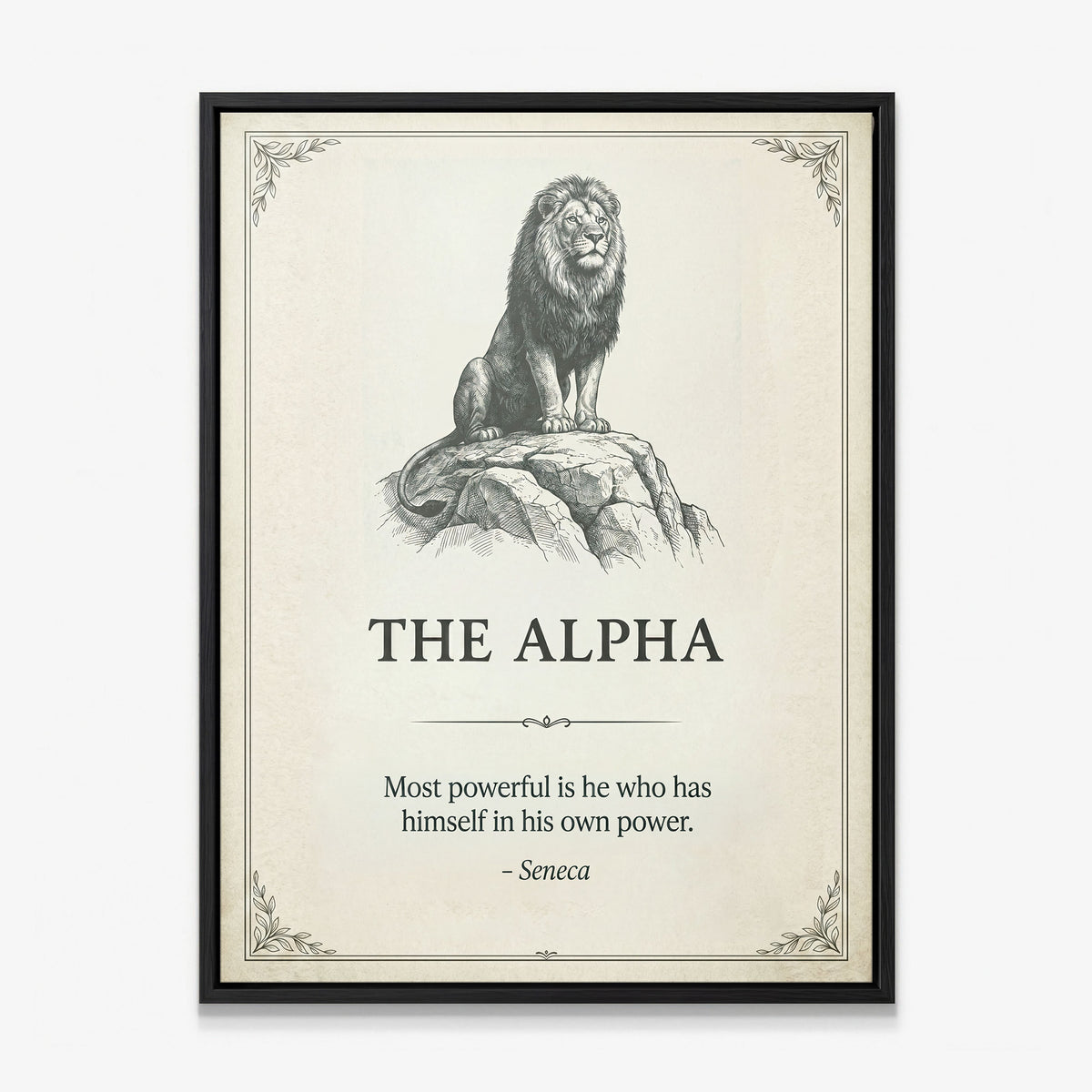 The Alpha lion quote canvas in a black floating frame