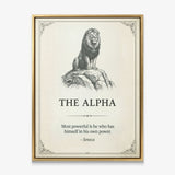 The Alpha lion quote canvas in a gold floating frame