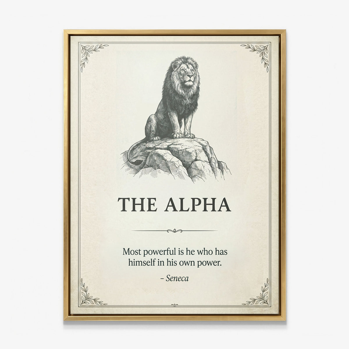 The Alpha lion quote canvas in a gold floating frame