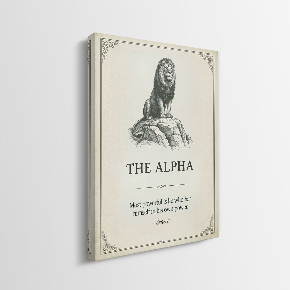 Side view of The Alpha lion quote canvas showing the gallery-wrapped edge