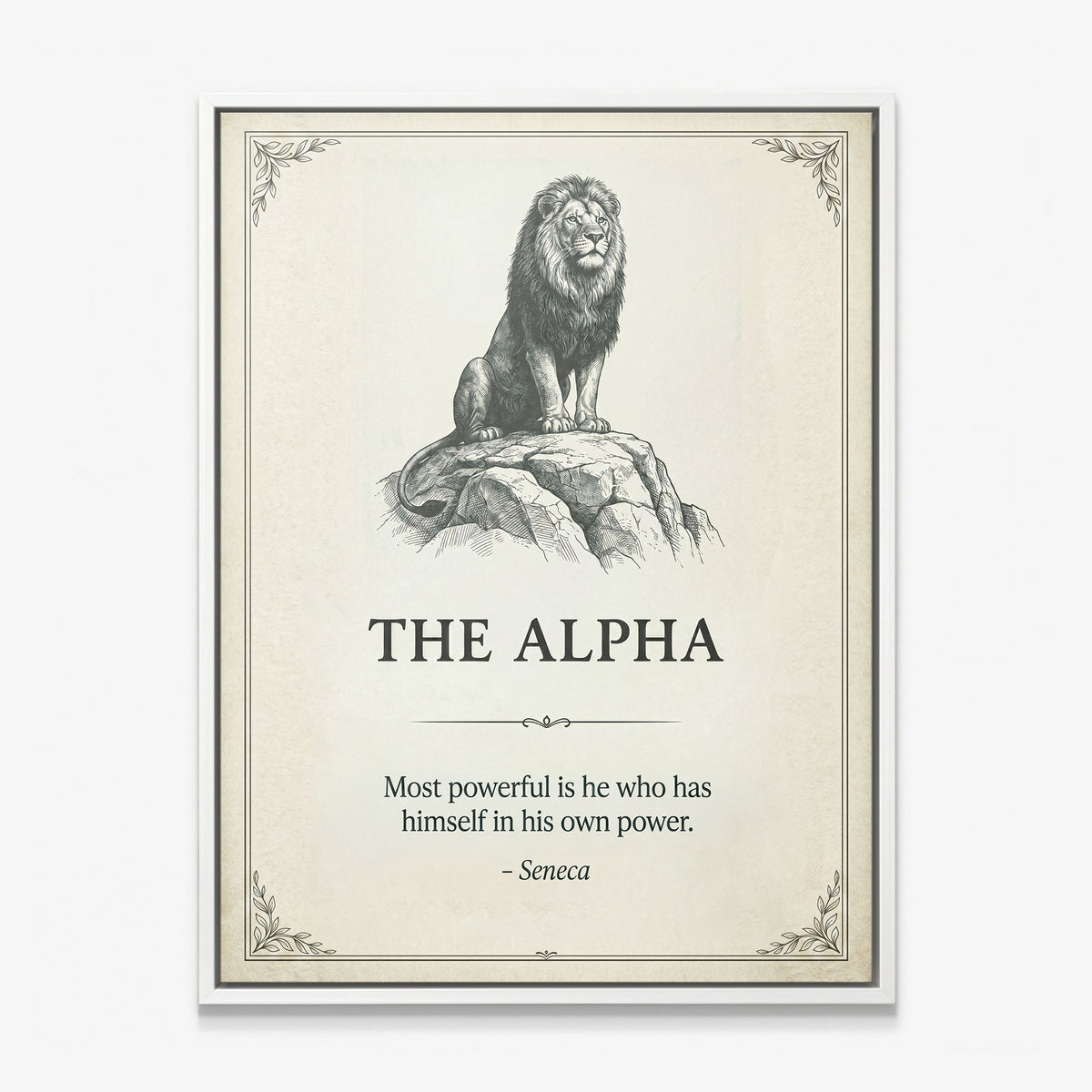 The Alpha lion quote canvas in a white floating frame