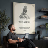 Man in a leather chair with a laptop looking up at The Alpha lion quote canvas