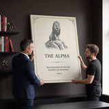 Two men carrying The Alpha lion quote canvas in a home office