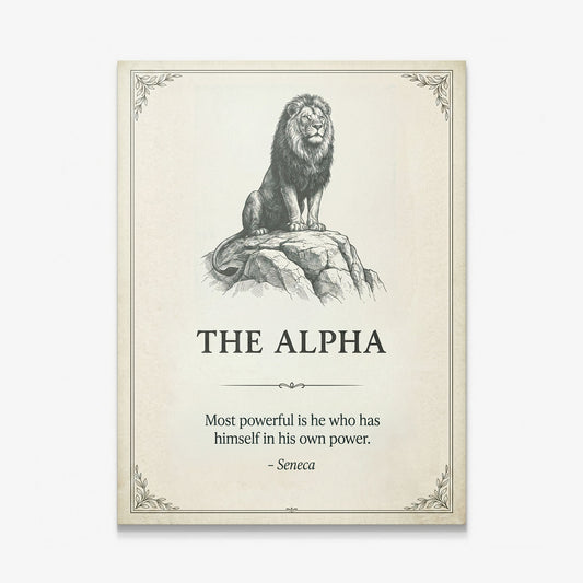 The Alpha lion Seneca quote canvas print on cream, gallery-wrapped and ready to hang