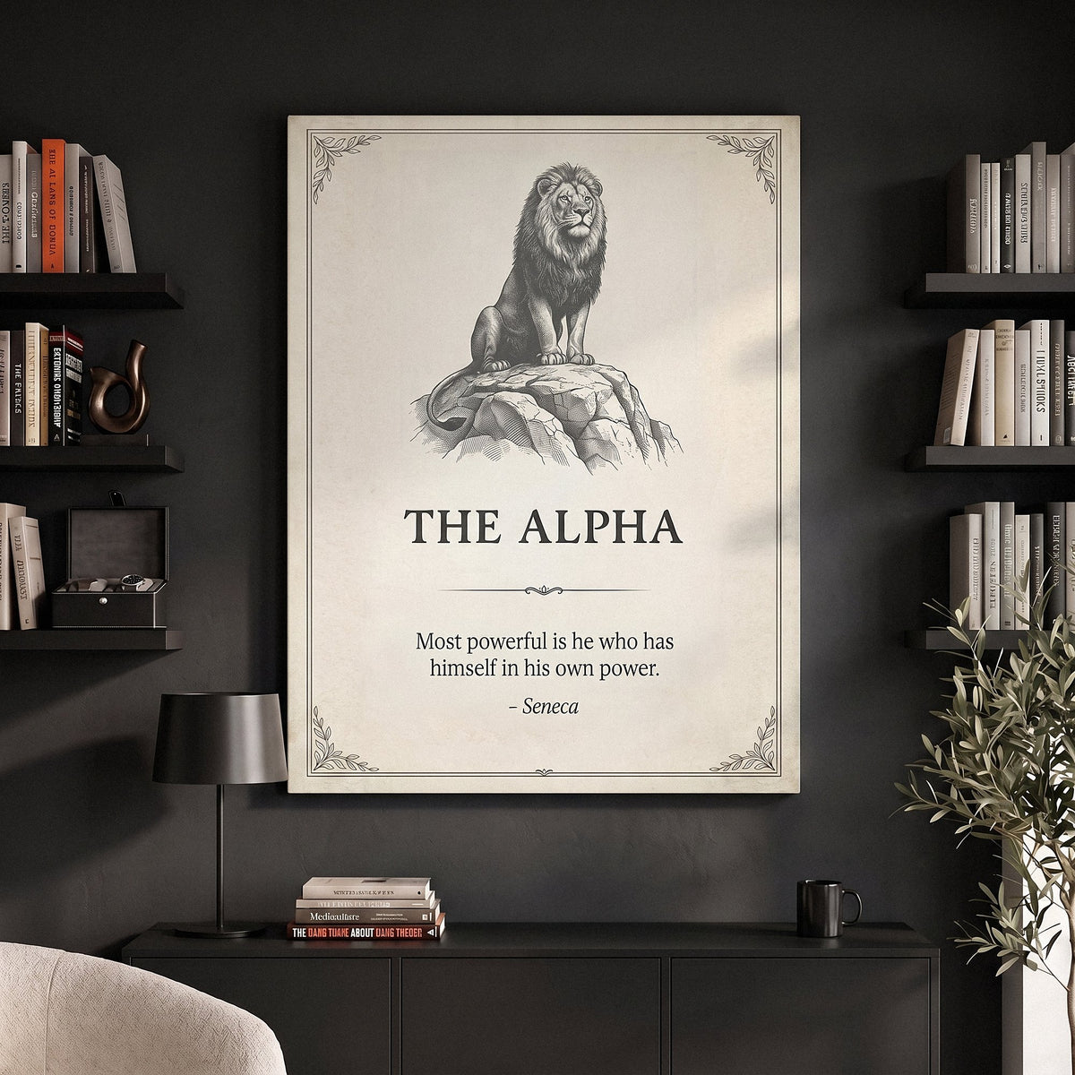 The Alpha lion quote canvas between black bookshelves in a graphite study