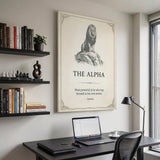 The Alpha lion quote canvas above a black desk in a home office