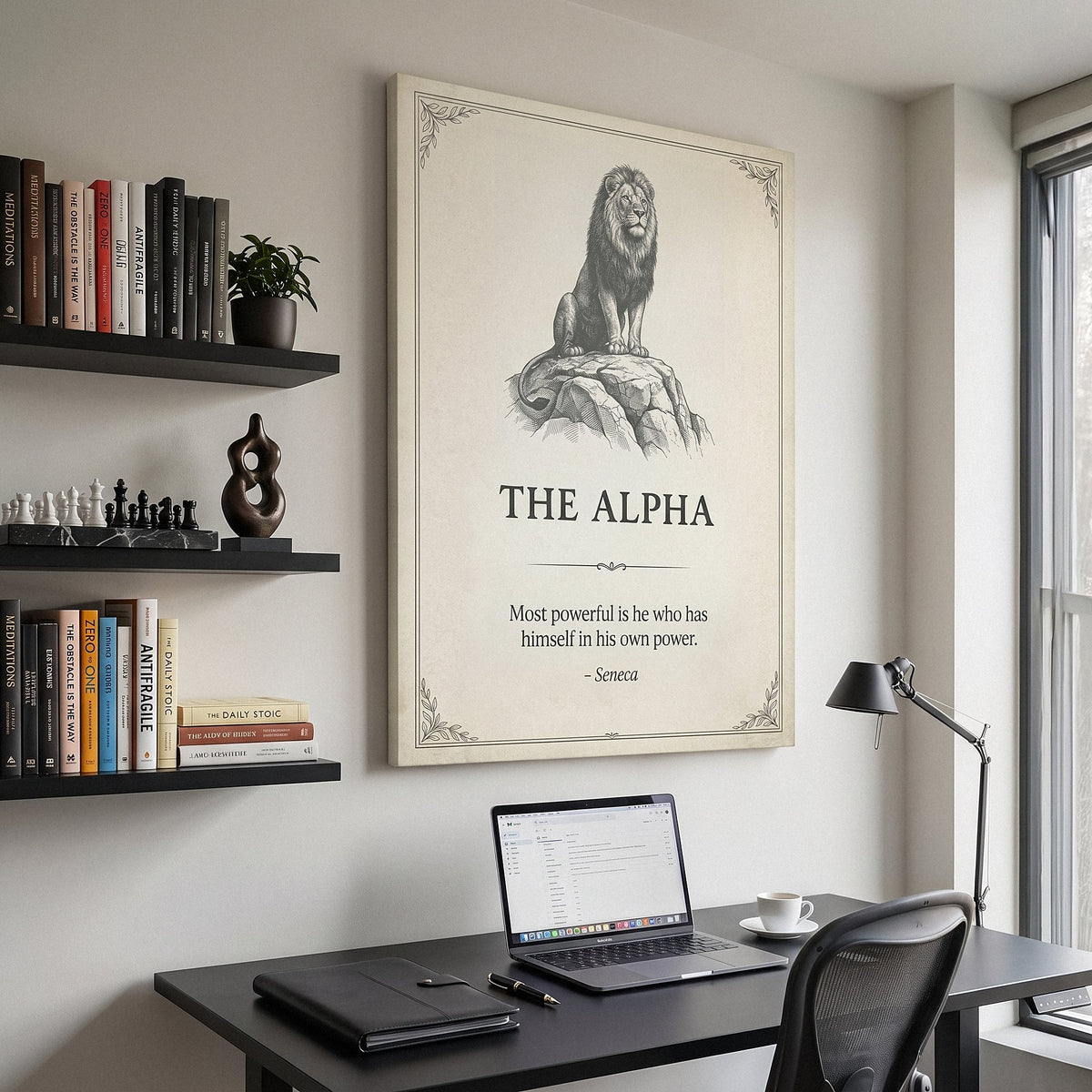 The Alpha lion quote canvas above a black desk in a home office