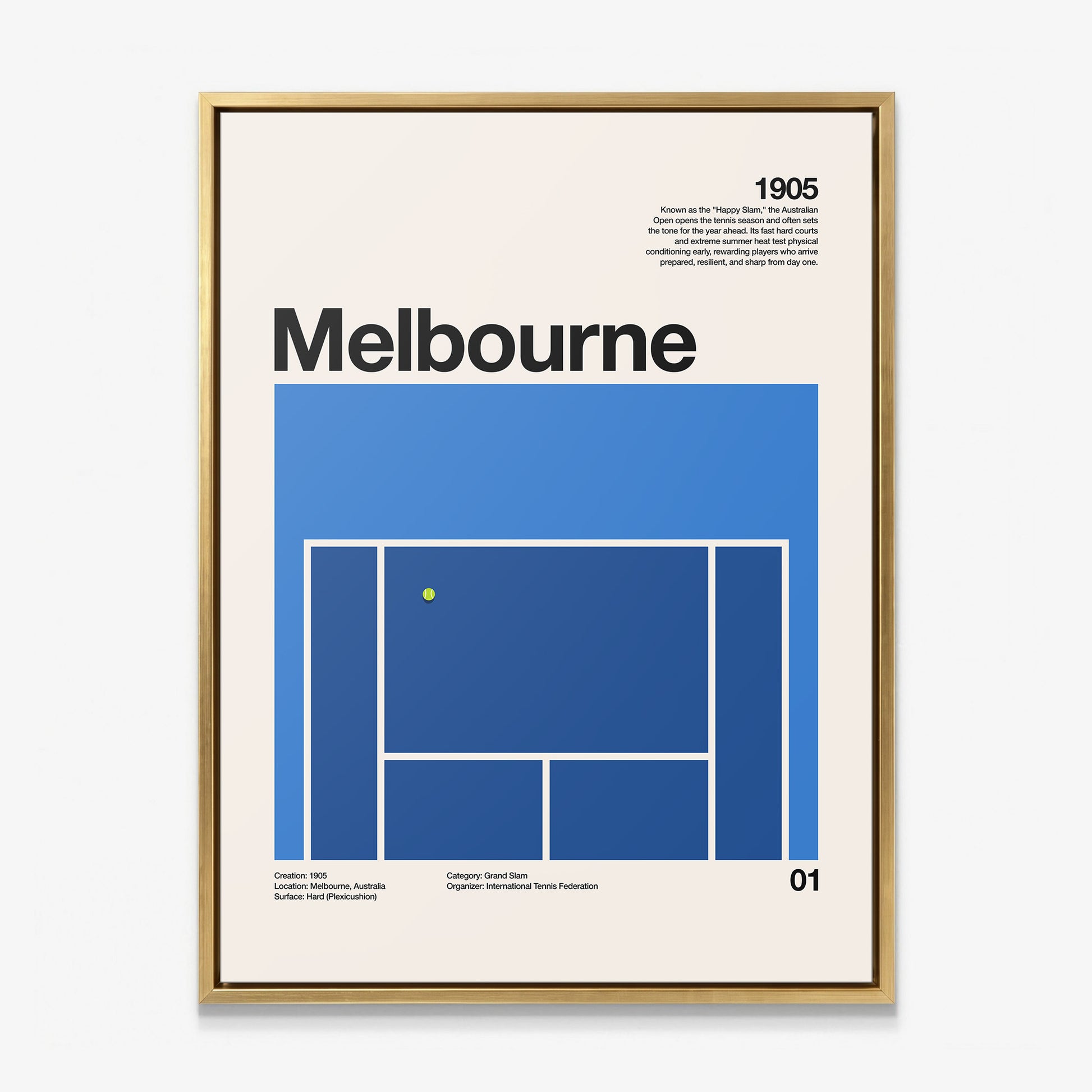 The Aussie Slam tennis canvas in a gold floating frame