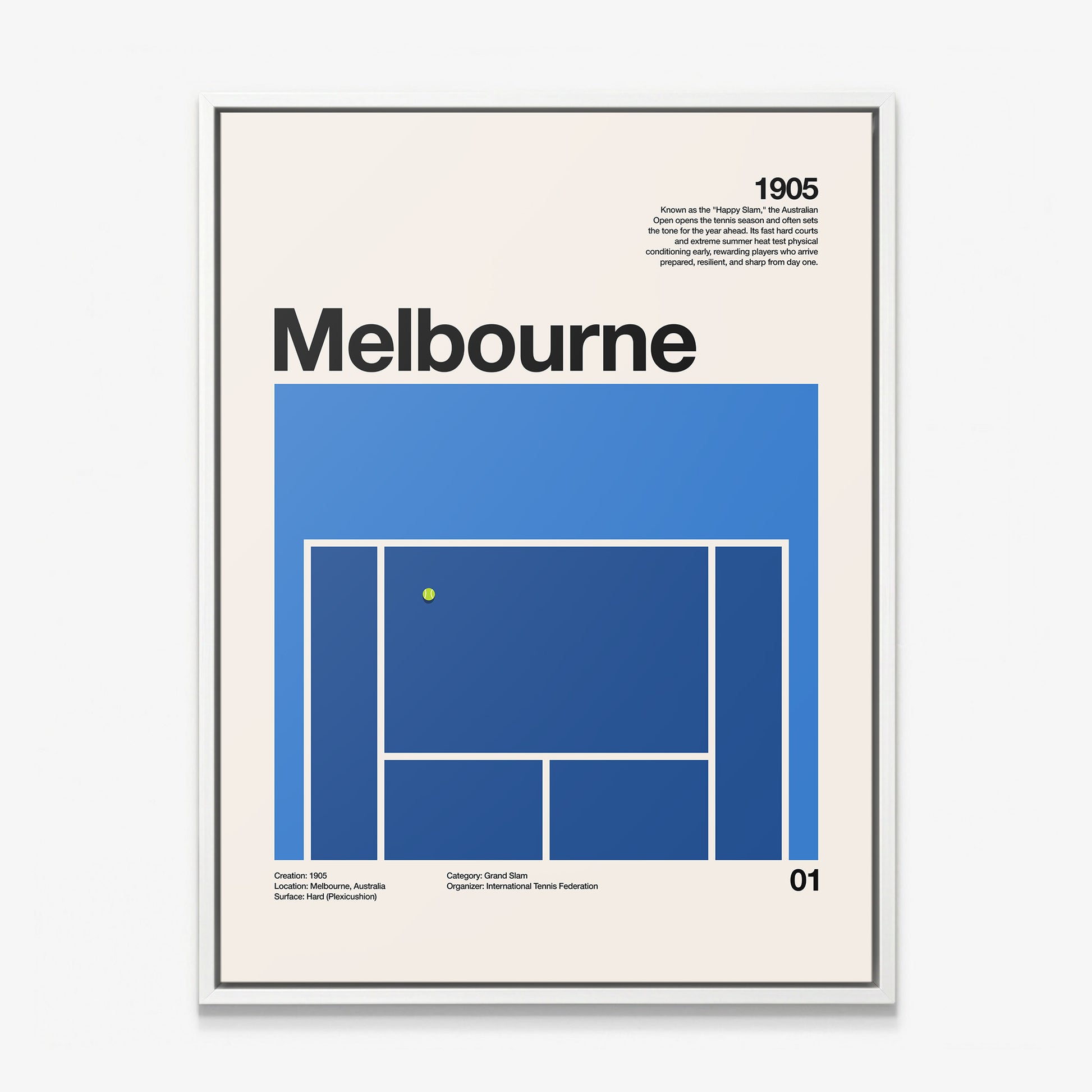 The Aussie Slam tennis canvas in a white floating frame