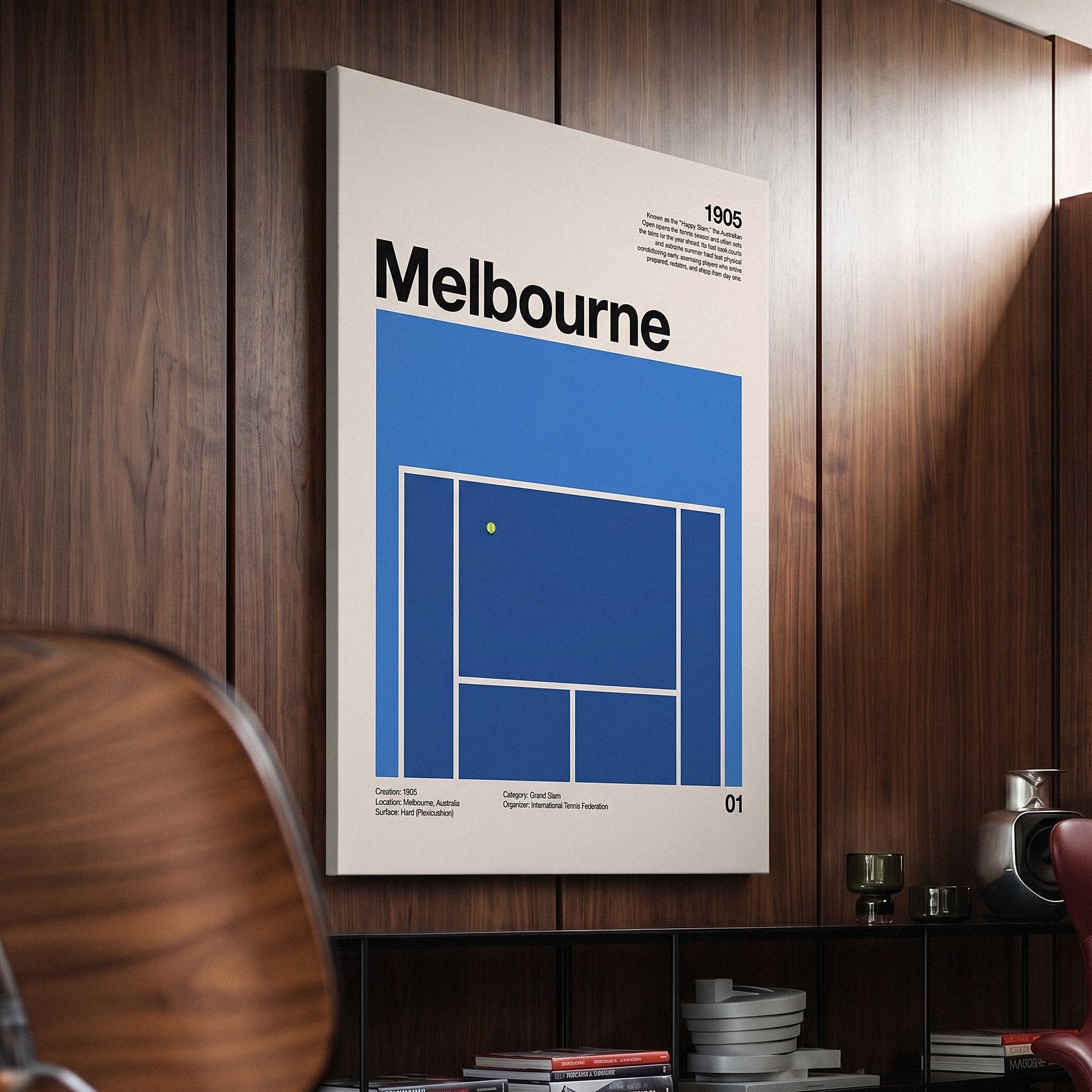 The Aussie Slam tennis canvas print on a living room wall showing the gallery-wrapped edge