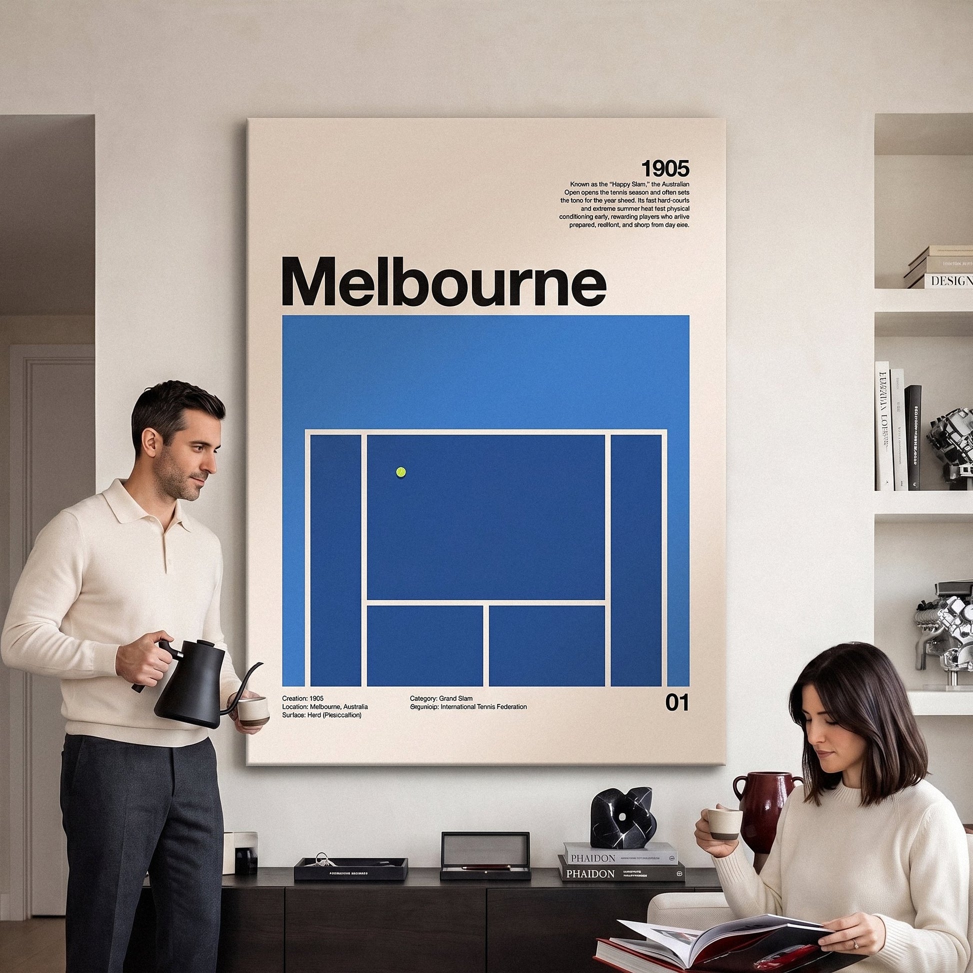 Two people viewing the The Aussie Slam tennis canvas print together in a home setting