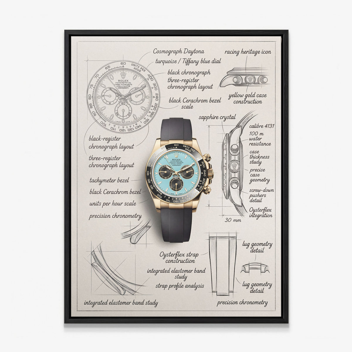 The Azure Design gold chronograph watch with a turquoise dial blueprint canvas in a black floating frame