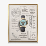 The Azure Design gold chronograph watch with a turquoise dial blueprint canvas in a gold floating frame