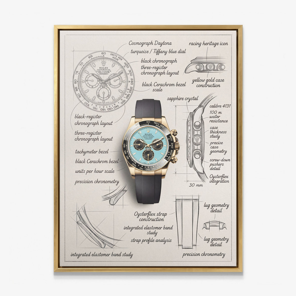 The Azure Design gold chronograph watch with a turquoise dial blueprint canvas in a gold floating frame