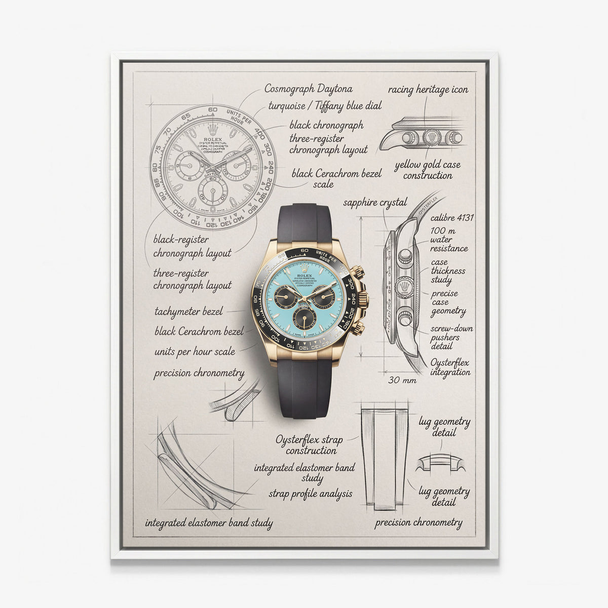 The Azure Design gold chronograph watch with a turquoise dial blueprint canvas in a white floating frame