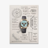 The Azure Design canvas print of a gold chronograph watch with a turquoise dial drawn over hand-sketched blueprint notes