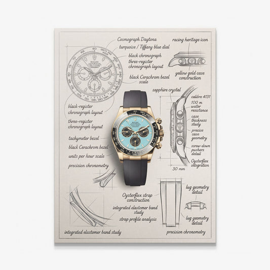 The Azure Design canvas print of a gold chronograph watch with a turquoise dial drawn over hand-sketched blueprint notes