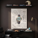 The Azure Design chronograph blueprint canvas in a racing den with a model race car and driving gloves