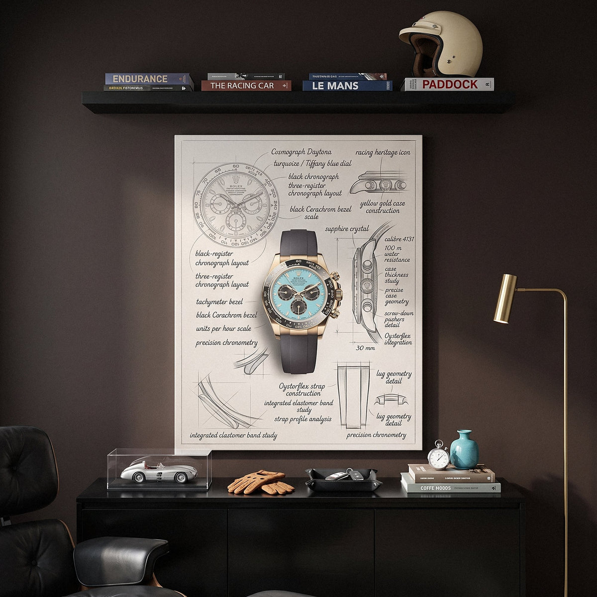 The Azure Design chronograph blueprint canvas in a racing den with a model race car and driving gloves