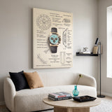 The Azure Design turquoise dial chronograph blueprint canvas above a cream boucle sofa