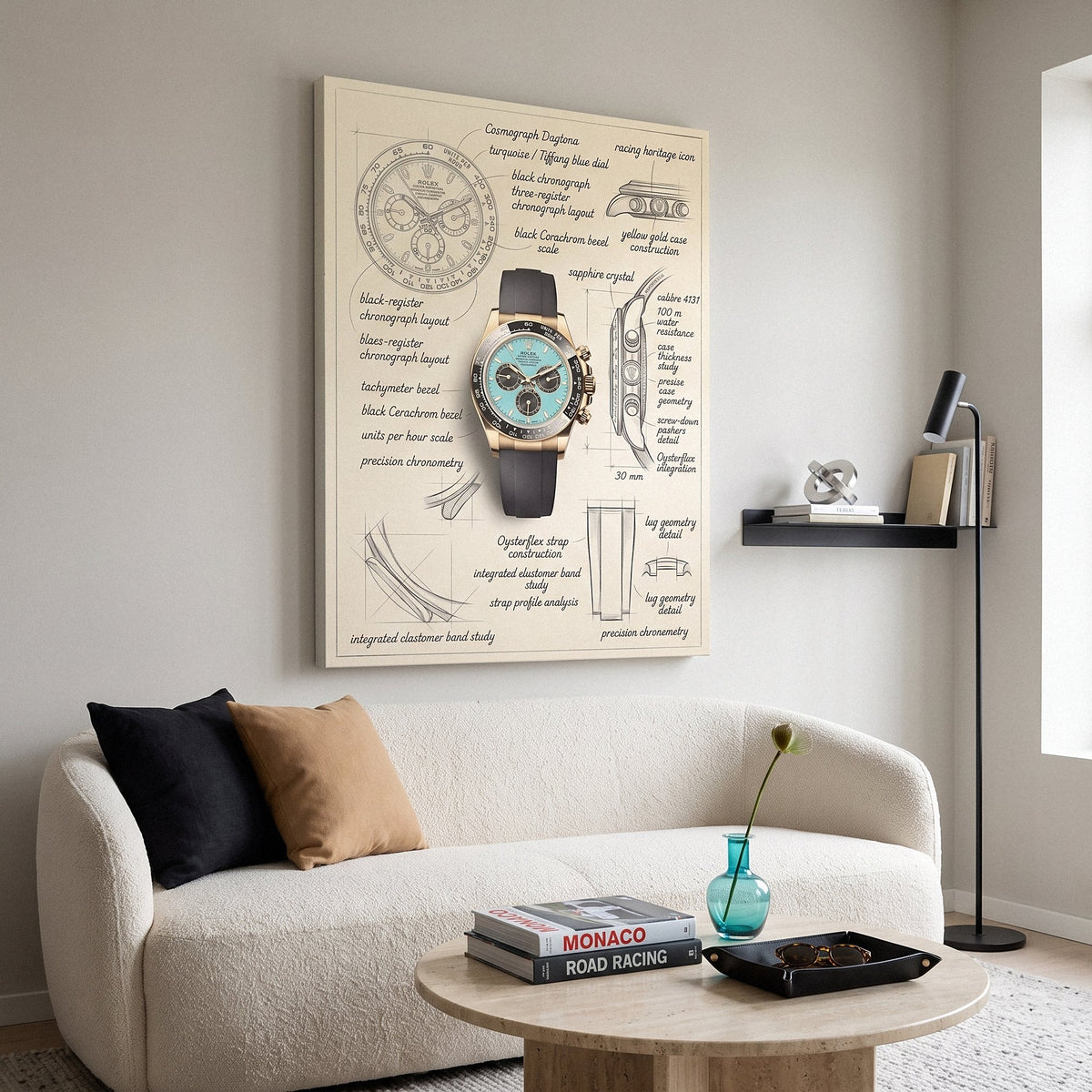 The Azure Design turquoise dial chronograph blueprint canvas above a cream boucle sofa