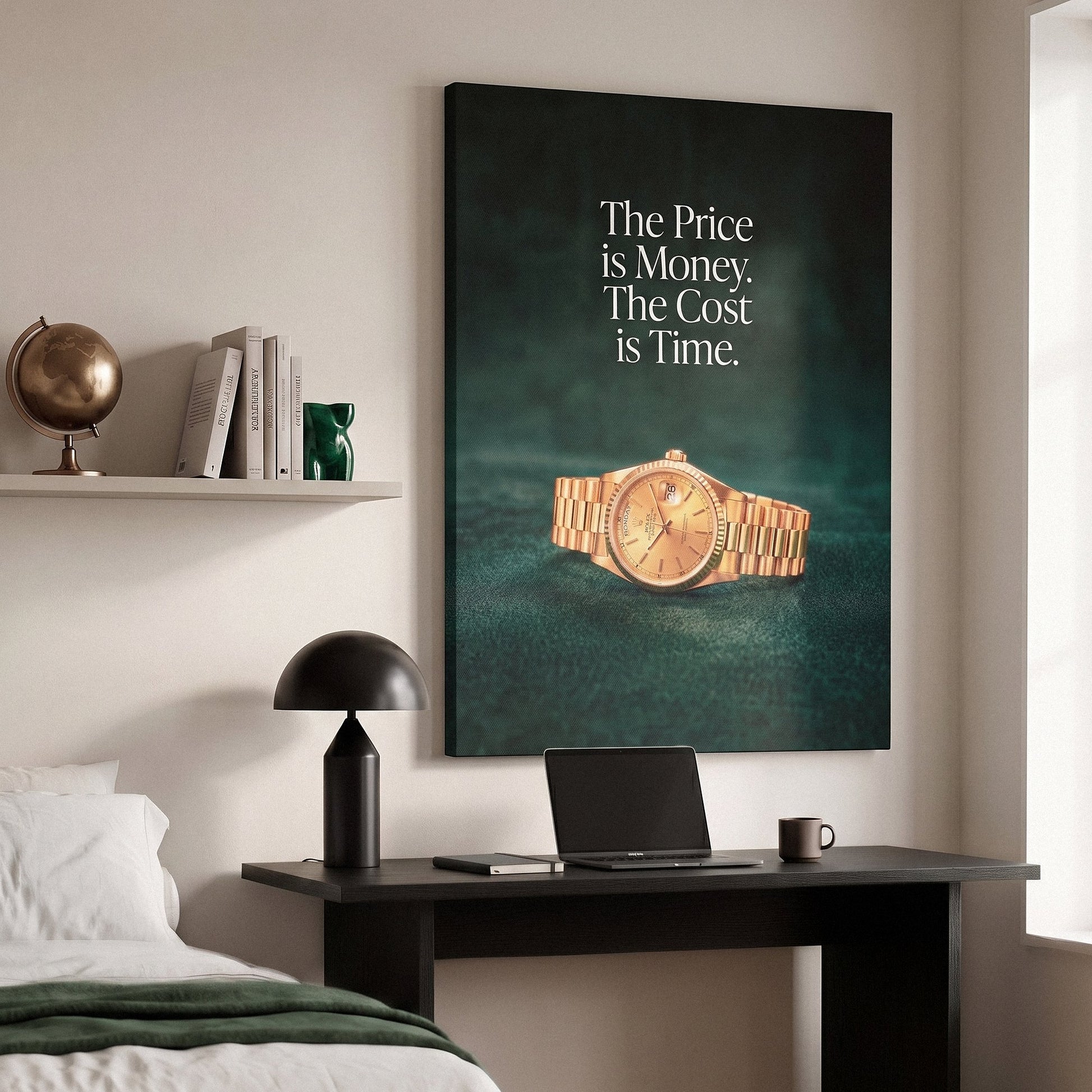 The Cost Is Time canvas print above a bedroom desk, angled view showing the gallery wrap edge