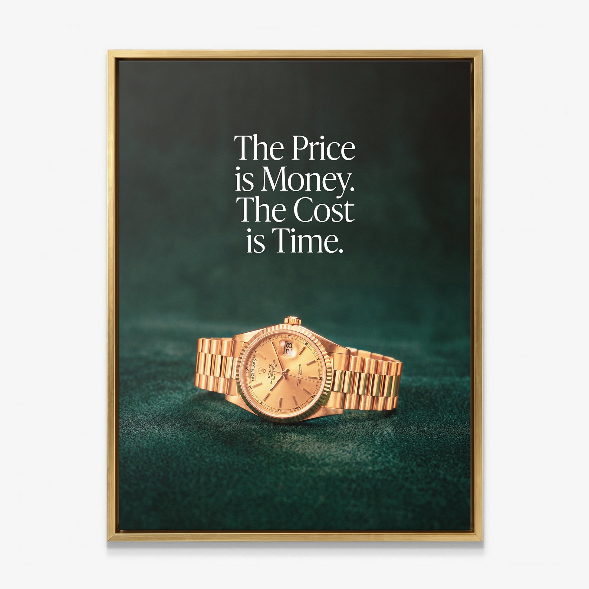 The Cost Is Time canvas in a gold floating frame