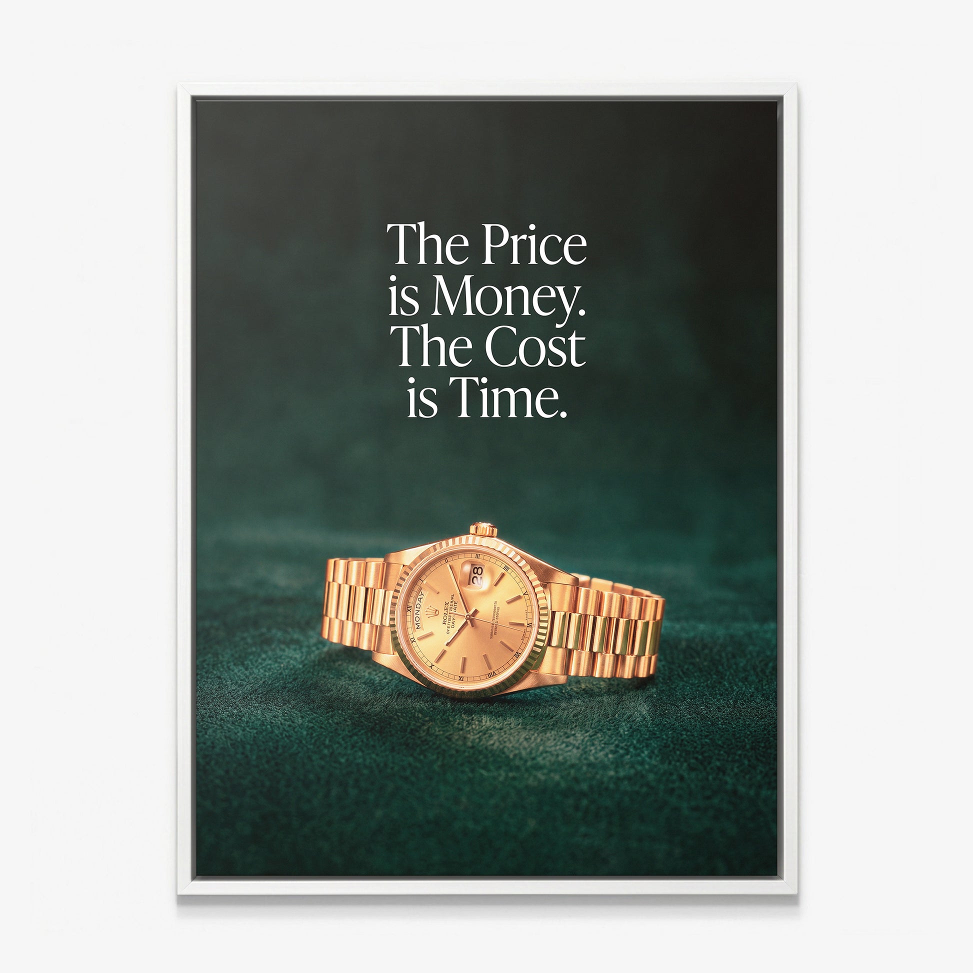 The Cost Is Time canvas in a white floating frame
