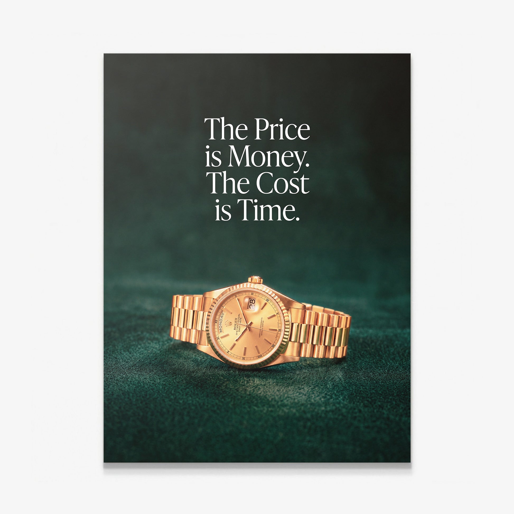The Cost Is Time canvas wall art, gold watch on green velvet with the quote The Price is Money The Cost is Time